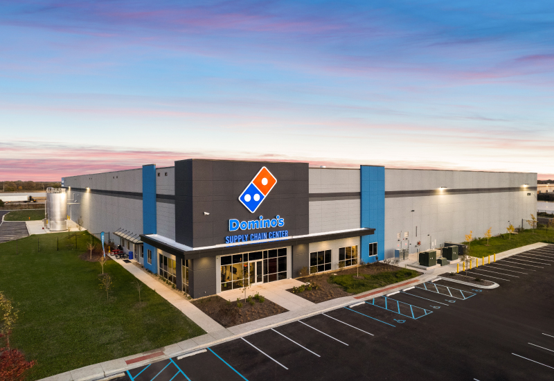 arco-national-construction-design-build-cold-storage-dominos-pizza-crown-point-indiana-gallery2 Aerial Sunset view of Domino's Crown Point, IN front entrance