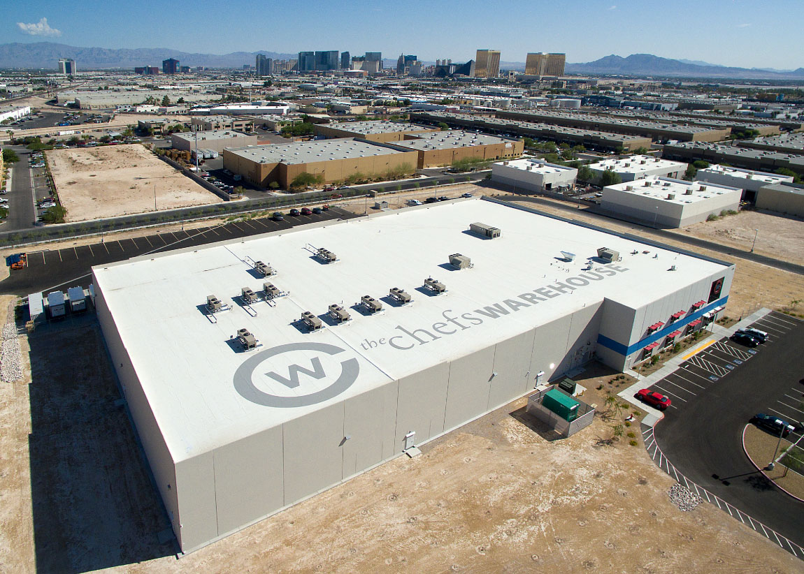 Aerial view of the Chef's Warehouse in Las Vegas, NV - the roof shows The Chef's Warehouse logo.