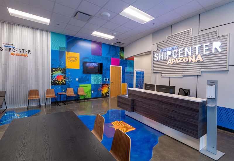 Front lobby interior photo of the Five Below distribution facility constructed for Scannell Properties in Buckeye, AZ