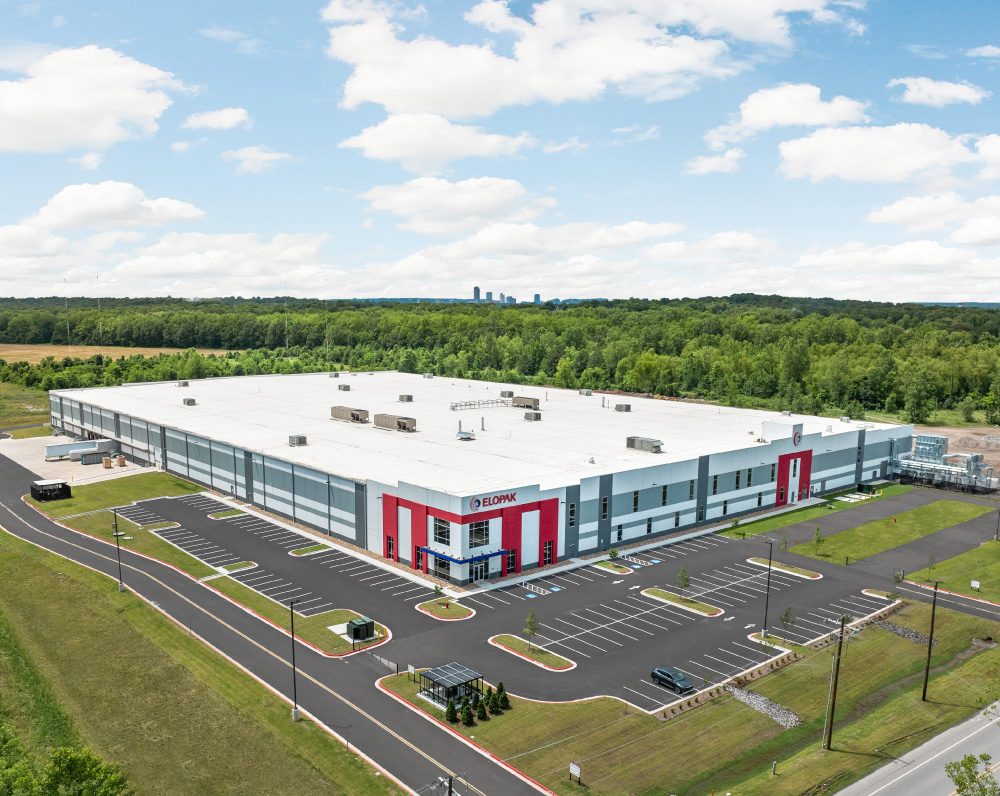 Aerial view of the new manufacturing facility built for EloPak in Little Rock, AR