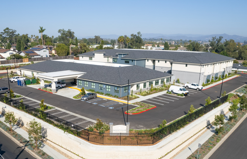 elevated exterior view of the transitional care of oceanside skilled nursing facility in california